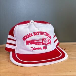 Vintage Michael Bettin Trucking Fairmont MN Red White Three Stripe Trucker Hat